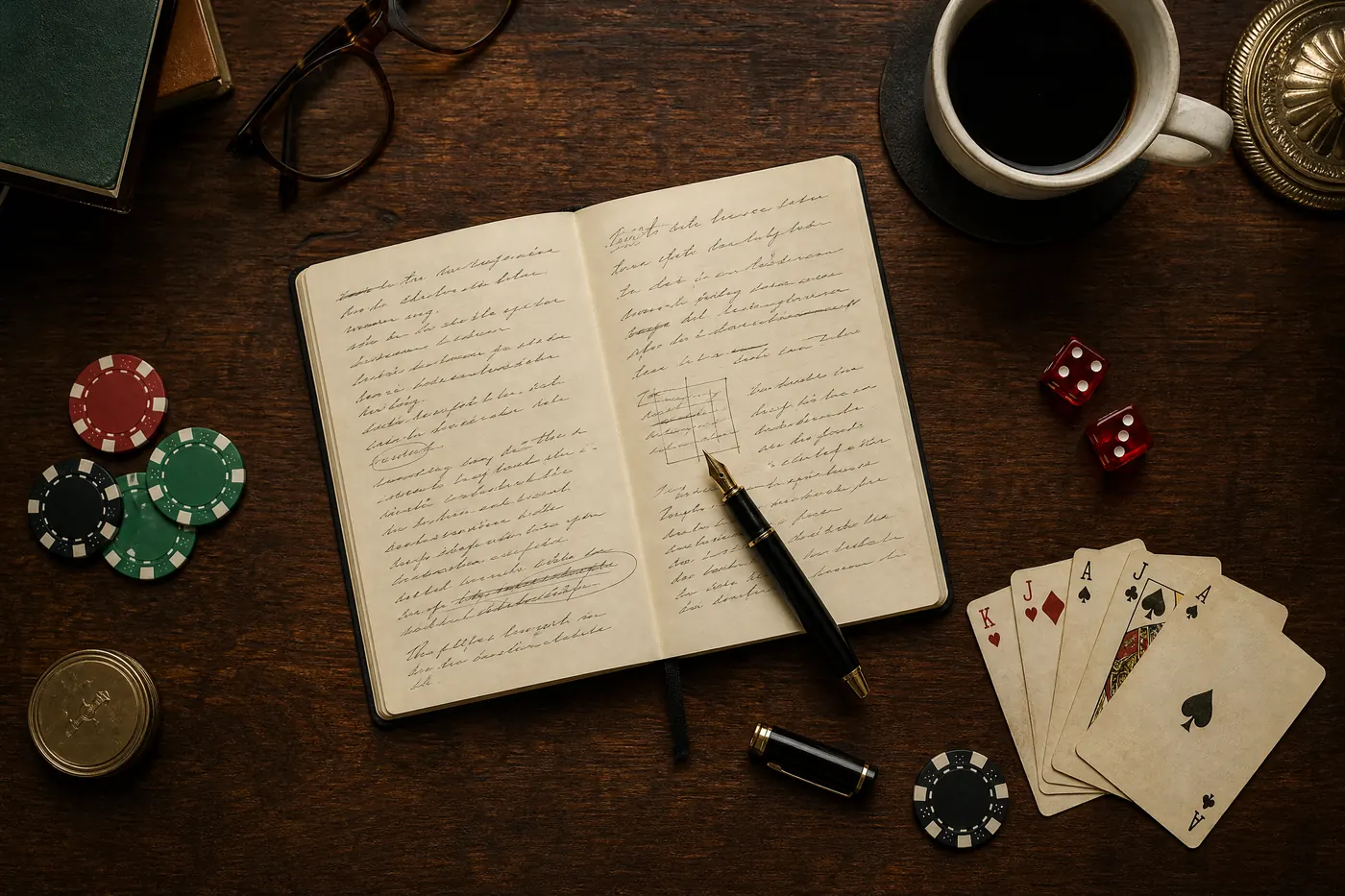 Meja kerja penulis dengan buku catatan, chip poker, dadu, dan kartu remi