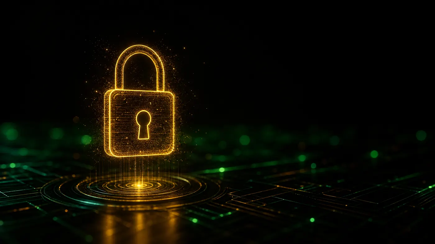Gembok emas holografik di atas permukaan gelap dengan aksen sirkuit digital
